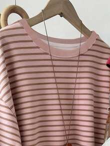 Resyla Korean Style Fashionable Versatile Colorful Striped Pattern Sweatshirt, Suitable For Outerwear, Photography, Camping, Autumn, Winter, Back To School, Women's Regular Crew Neck