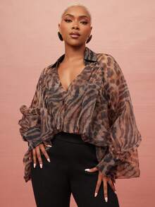 Vixey Sheer Animal Print Hi Low Hem Long Sleeve Organza Top - Multicolor - View 1