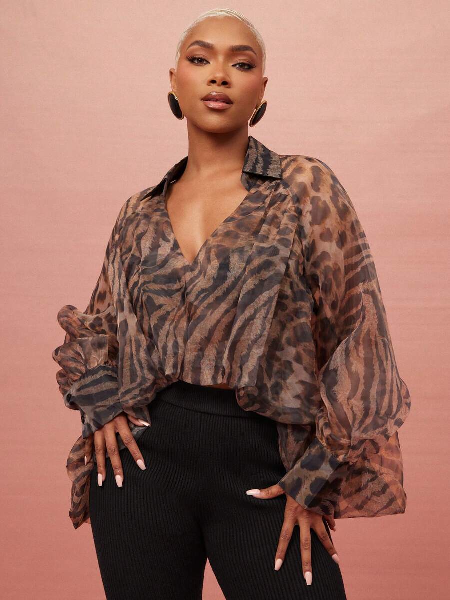 Vixey Sheer Animal Print Hi Low Hem Long Sleeve Organza Top - Multicolor - View 1