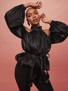 Vixey Rhinestone Embellished Organza Cold Shoulder Balloon Sleeve & Hem Scarf Top - Black - View 1