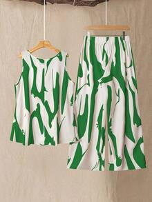 SHEIN Tall Elegant Commute & Vacation Floral Fabric Round Neck Sleeveless Top & Elastic Waist Long Pants 2 Pieces Set, Orange, Plus Size Tall - Green - View 2