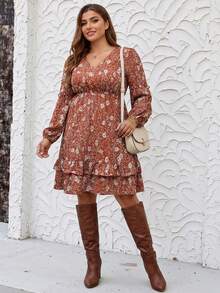 SHEIN LUNE Große Größen V-Ausschnitt Blume Muster Boho-Stil Langarm Kleid, perfekt für Thanksgiving, Silvester und Feiertage - Verschiedenfarbig - Übersicht 8