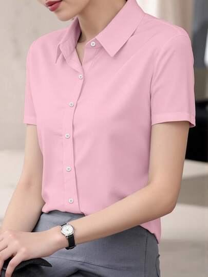 INAWLY Plus Size Casual Solid Color Short Sleeve Shirt, Summer