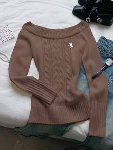 Comfortcana 女士时尚休闲扭结针织露肩长袖毛衣 女士毛衣 棕色毛衣 咖啡棕色上衣 棕色长袖上衣 麻花针织毛衣 女士毛衣 - 棕色 - 查看 3