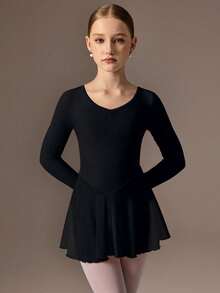 SHEIN Tween Girls Long Sleeve Pink Ballet Dance Dress, Round Neck With Ruched Bust Design, Cute Bow Back Design, Soft & Lightweight Mesh Skirt With Snap Crotch, High Stretch & Skin-Friendly, Suitable For Dance, Yoga & Activewear - Black - View 2