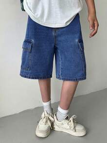 SHEIN 这款青少年男孩时尚休闲Y2K复古酷炫工装风牛仔短裤采用宽松舒适的蓝色设计，柔软舒适，适合日常穿着，也适合春夏锐舞派对和海滩活动。 - 中等水洗藍 - 查看 6
