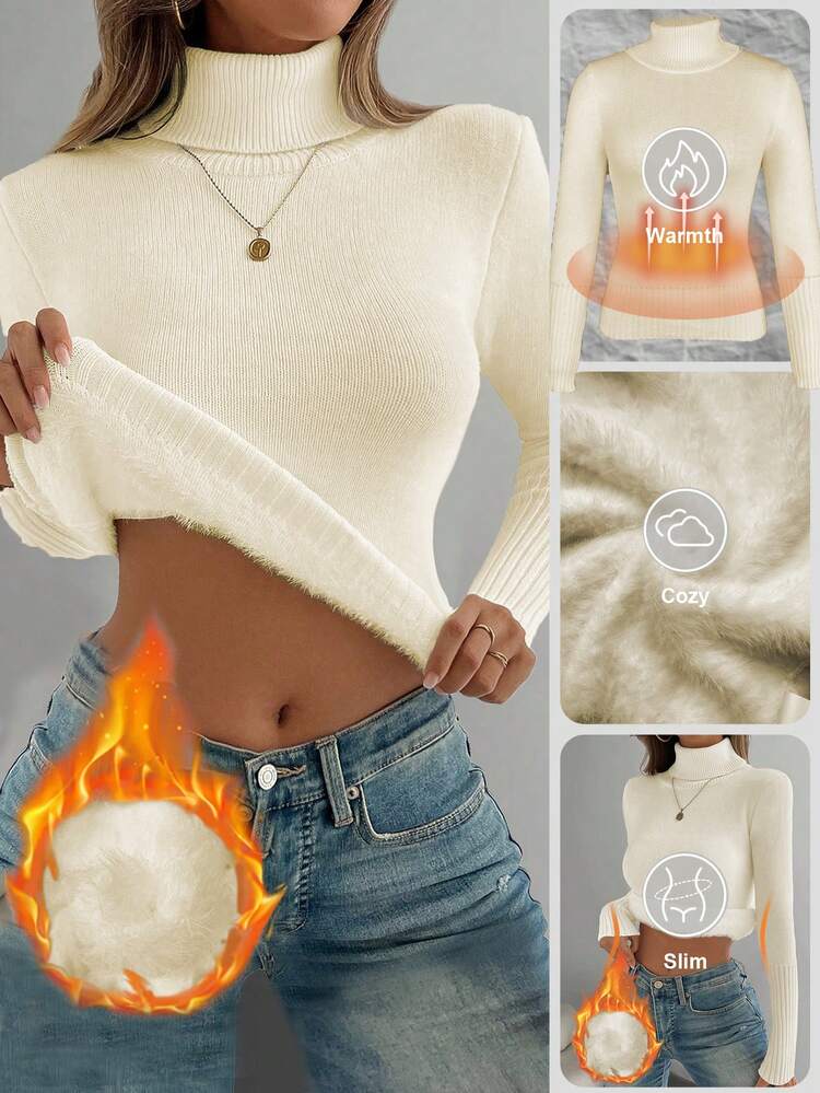 Franclia Suéter de Tricô de Manga Longa Quente, Ajuste Slim, Gola Alta em Veludo Grosso, Estilo Europeu Versátil para Outono/Inverno - Bege - Visão 8