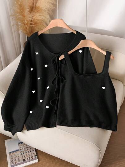 CosyJoli Plus Size Women Heart Embroidery Tie Front Cardigan And Camisole Knit Top Casual Set