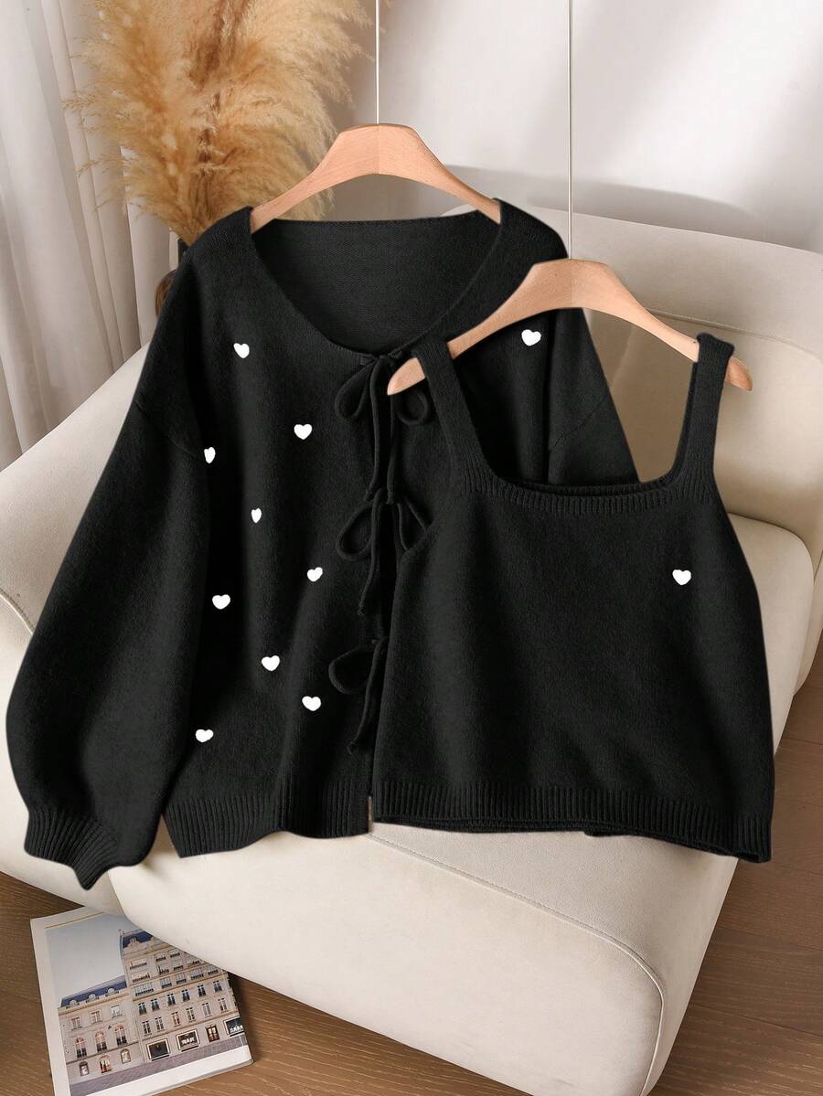 CosyJoli 大码女式心形刺绣系带开衫和吊带针织上衣休闲套装