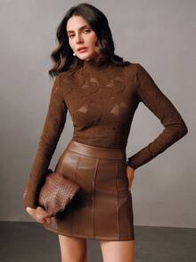 Anewsta Elegante, de moda, sexy y versátil, camiseta interior de encaje transparente y texturizada de manga larga, adecuada para otoño, invierno, primavera, Año Nuevo, fiestas, bodas - Marrón - Ver 3