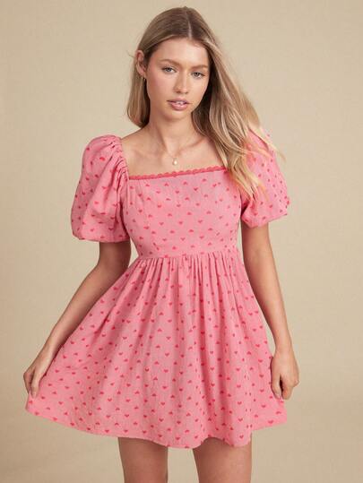 WESTFADE Heart Embroidered Gingham Square Neck Puff Sleeve Fit & Flare Mini Dress Winter, Spring, Resort, Valentine's Day, Cute, Boho, Nashville, Cowgirl, Western Wear, Vacation