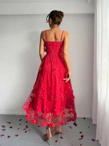 Rafferiza Women's Romantic Mesh Jacquard Spaghetti Strap Dress - Red - View 2