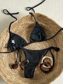 Swim Mod Women's Textured Beaded Halter Bikini Set, Spring/Summer - Black - View 2