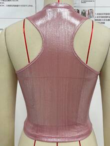 Zolique Women's Music Festival Metallic Slim Round Neck Fashion Tank Top - Pink - View 2