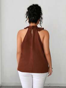 Elenzga Blusa elegante de cuello halter con volantes y unicolor para mujer de talla grande - Marrón - Ver 2