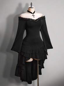 SHEIN ICON 大码女式V领蕾丝拼接喇叭袖T恤 - 黑色 - 查看 9