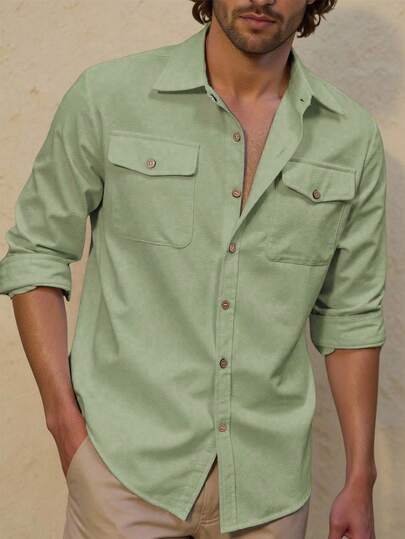 Manfinity Homme Men's Turn-Down Collar Single-Breasted Pocket Casual/Business Long Sleeve Shirt Men's Long Sleeve Shirt Men's Green Shirt Men's Casual Shirt Men's Shirts With Pockets