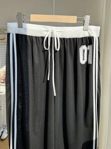 SHEIN EZwear 大尺碼女款數字印花抽繩腰寬腿休閒牛仔褲，適合返校、騎行、辦公、正式場合與度假，黑白配色，秋季款 - 黑色 - 查看 12