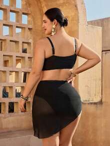 Swim Oasis Plus Size Women's 3-Piece Set, 2026 New Solid Color Black Fashion Vacation Daily Casual Sexy Detachable Strap High Waist Triangle Panty Sheer Mesh Skirt Metal Flower Decor Bikini High-End Swimsuit Set - Black - View 4