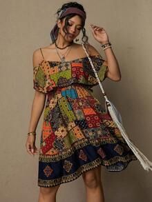 SHEIN VCAY 大码女式拼接印花露肩时尚连衣裙 - 彩色 - 查看 7