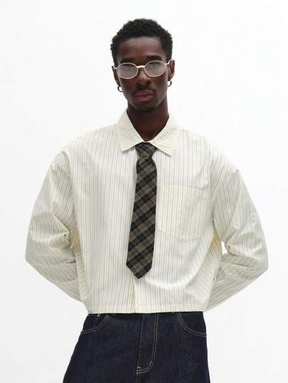 SUMWON Cropped Pinstripe Long Sleeve Shirt With Attached Plaid Tie Vintage Inspired Fall Casual Button Down