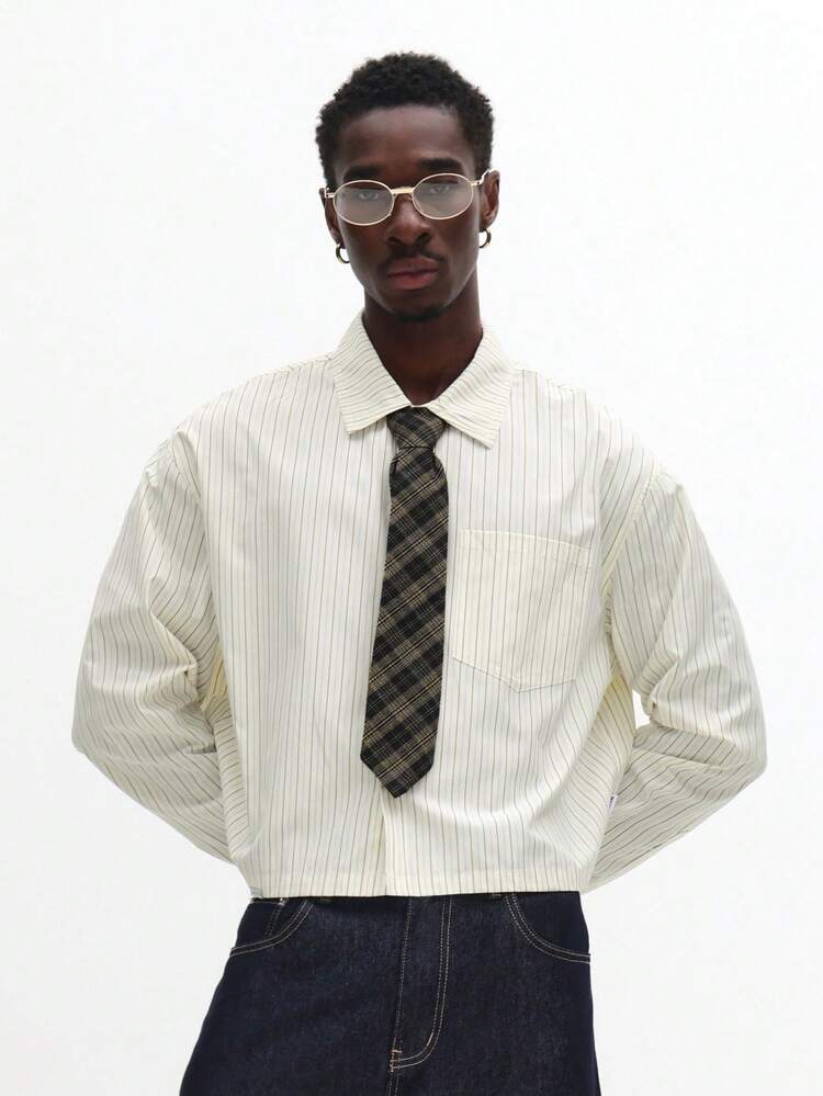 Cropped Pinstripe Shirt With Attached Tie