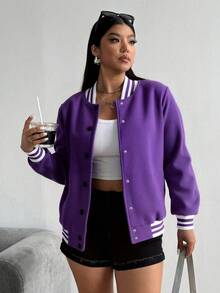Chaqueta de béisbol casual para mujeres - abrochada, puño a rayas de color, bolsillo, adecuada para deportes al aire libre en otoño e invierno, fitness, ejercicio, ropa callejera - Morado - Ver 3