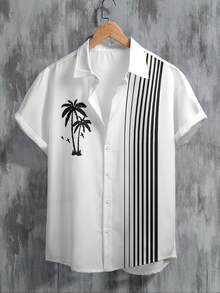 Manfinity Men's Striped Short Sleeve Button-Front Palm Tree Print Shirt - Multicolor - View 3