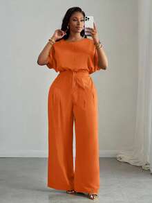 Slaydiva Bộ đồ 2 mảnh màu xanh lá cây dáng rộng, thanh lịch, phù hợp cho đi làm, dự tiệc, đi club và hoạt động ngoài trời dành cho nữ, gồm áo crop top và quần ống rộng có túi, vai rớt, dây rút, size A - Trang phục mùa hè - trái cam - Xem 7