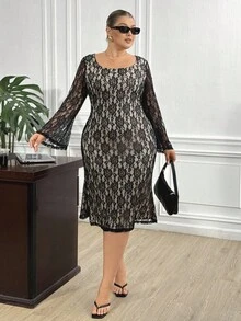 Truni Fall Clothes For Women,WinterPlus Size Round Neck Raglan Flare Sleeve Fitted Lace Dress/Autumn /Winter - Black - View 9