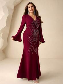 Coutiva Vestido de noche de lujo, vestido formal de alta gama, vestido elegante y brillante glamoroso - Burdeos - Ver 6