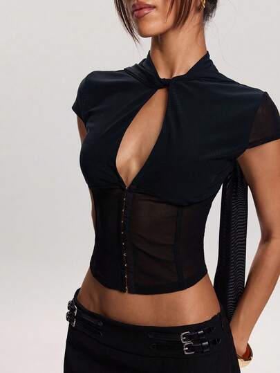 SHEIN BAE Spring/Summer Women's Solid Black Off-Shoulder Neckline With Tie-Detail Short Sleeve Top Black Sexy Top Stylish Black Top Perfect For Daily Commuting, Casual Outings, Girlfriends' Dates, Valentine's Day Wear Valentine's Day Black Mesh Top Sexy Black Top Outing Top Black T-Shirt