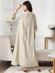 Yasmyna Women's Ribbon Trim V-Neck Fringe Flare Sleeve Arabic Style Dress Kaftan Jalabiya Dress - Khaki - View 2