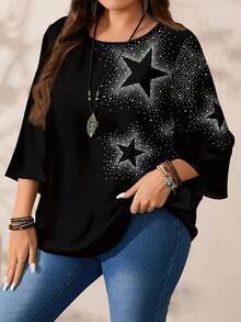 EMERY ROSE 大码女式休闲星形波点印花宽松圆领七分袖衬衫，黑色 - 彩色 - 查看 8