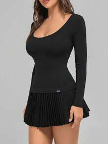 Fluxe 女士纯色圆领长袖修身休闲百搭T恤 - 黑色 - 查看 8