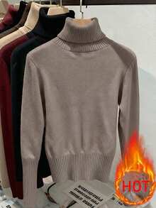 Franclia 时尚百搭高领厚款无缝修身长袖针织毛衣，百搭秋冬 - 藕粉色 - 查看 2