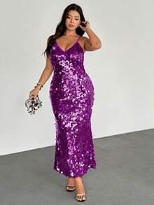 Firerie 大码亮片刺绣女士舞会礼服，吊带深V领长款连衣裙，优雅露背鱼尾晚礼服，超长正式舞会礼服，婚礼宾客礼服，优雅百搭，适合通勤、约会、派对、婚礼季、毕业典礼、舞会、演出、音乐会、工作场合、返校季、年会、女士生日礼服 - 紫色 - 查看 3