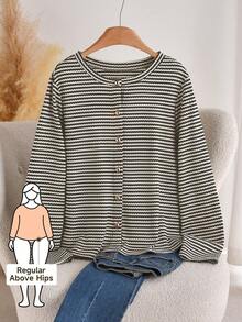 CosyJoli 大码女式休闲T恤，条纹上衣，纽扣上衣，女士外出服，女士休闲装，金属纽扣上衣，条纹长袖棉质上衣，女士可爱长袖上衣，春季必备 - 灰色 - 查看 1