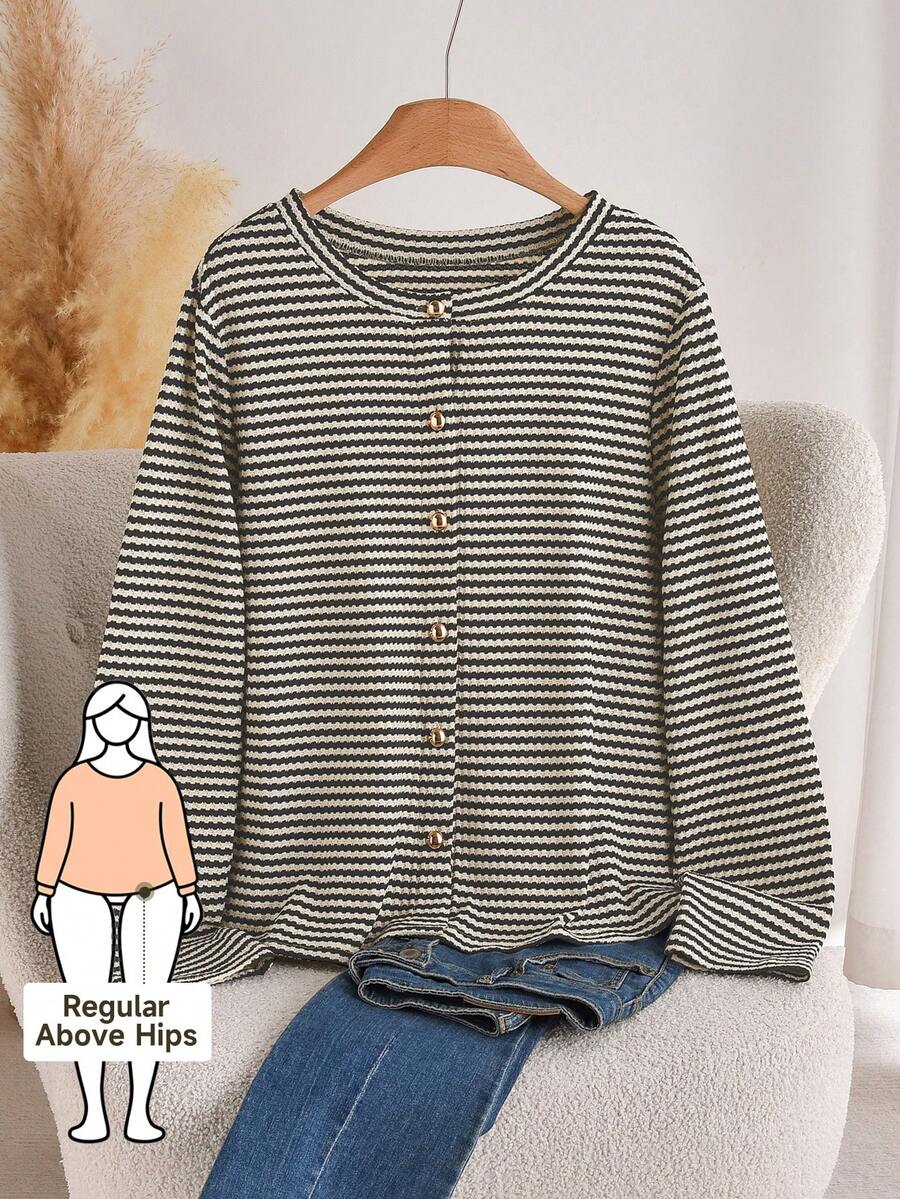 CosyJoli 大码女式休闲T恤，条纹上衣，纽扣上衣，女士外出服，女士休闲装，金属纽扣上衣，条纹长袖棉质上衣，女士可爱长袖上衣，春季必备 - 灰色 - 查看 1