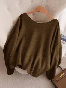 CosyJoli 女式加大码蝴蝶结针织毛衣，时尚舒适百搭套头衫，适合秋冬季 - 棕色 - 查看 4