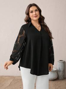 SHEIN Essnce 大码春夏时尚优雅宽松舒适日常百搭显瘦蕾丝袖V领黑色长袖衬衫，春季女装，女士衬衫，黑色上衣，大码女式衬衫，大码黑色上衣，大码休闲上衣 - 黑色 - 查看 1