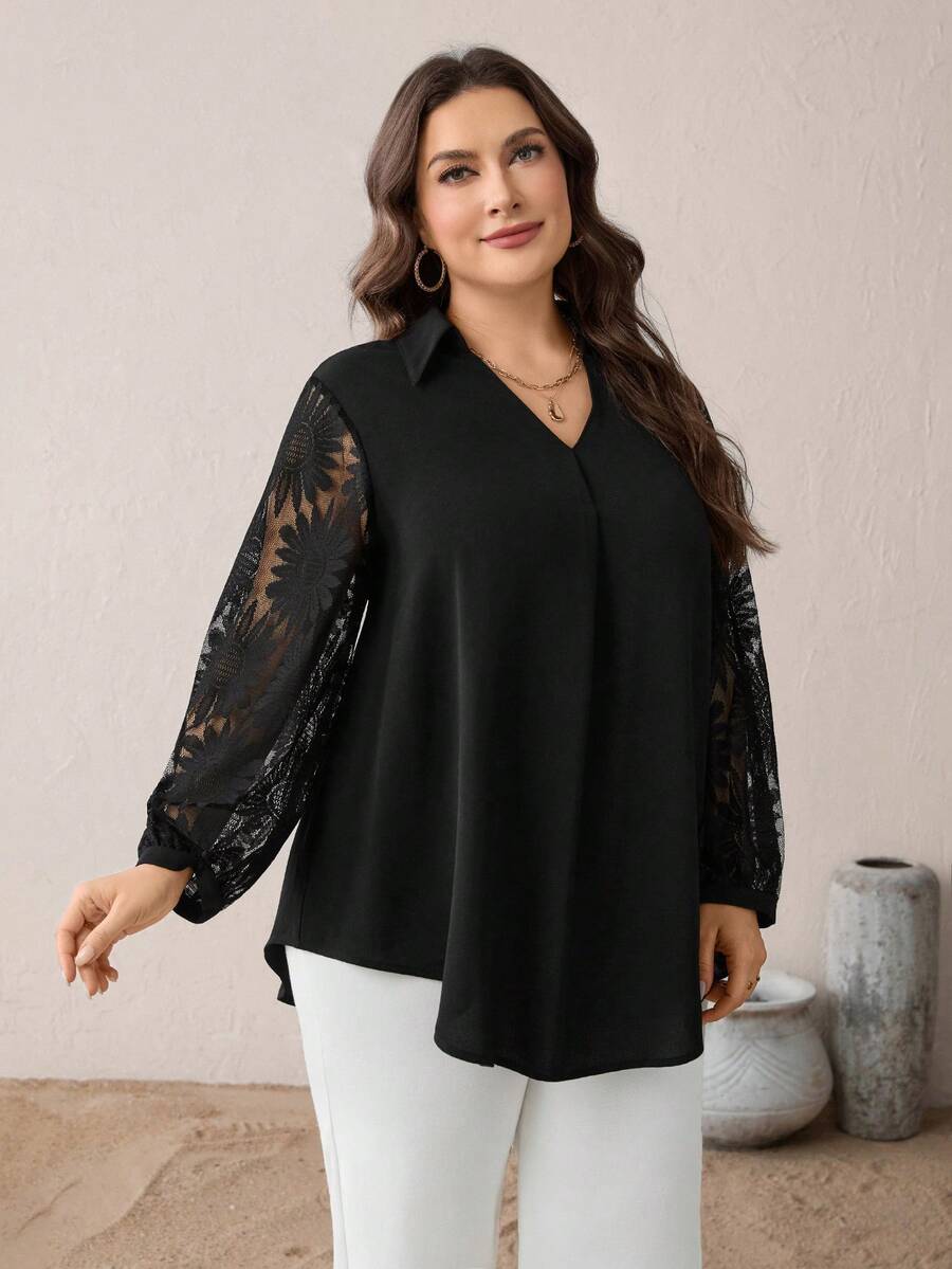 SHEIN Essnce 大码春夏时尚优雅宽松舒适日常百搭显瘦蕾丝袖V领黑色长袖衬衫，春季女装，女士衬衫，黑色上衣，大码女式衬衫，大码黑色上衣，大码休闲上衣 - 黑色 - 查看 1