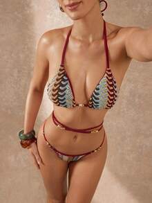 Lumalex Women's Burgundy Luxury Hand-Woven Textured Triangle Bikini Set,Adjustable Halter Neck,Wrap-Around Waist Tie,High-Cut Brazilian,Boho Summer Holiday - Multicolor - View 9