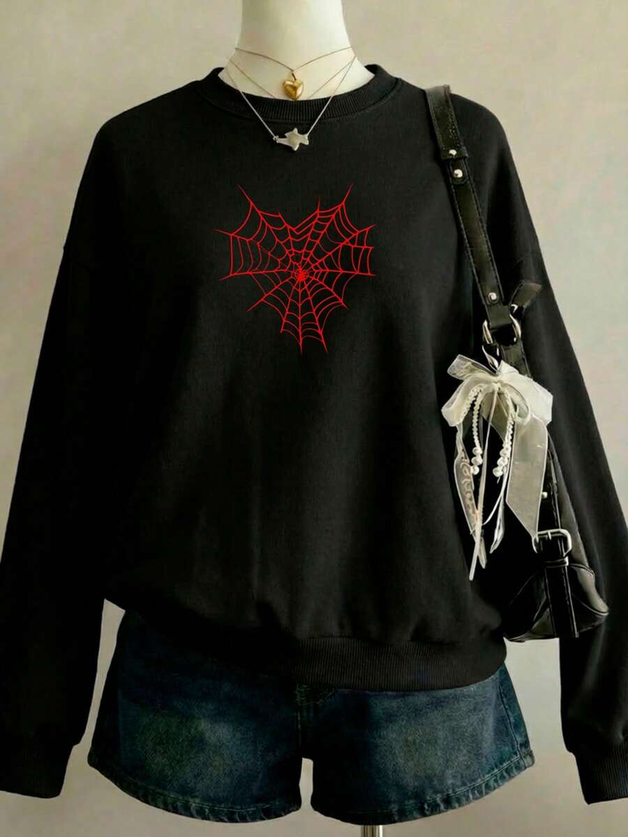 Sudadera para mujer estampado telaraña cuello redondo y puños estampado calientita para el invierno otoño primavera - Negro - Ver 1