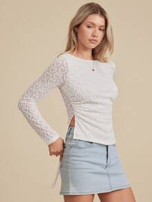 WESTFADE 心形纹理针织修身长袖开衩下摆弹力上衣 - 白色 - 查看 5