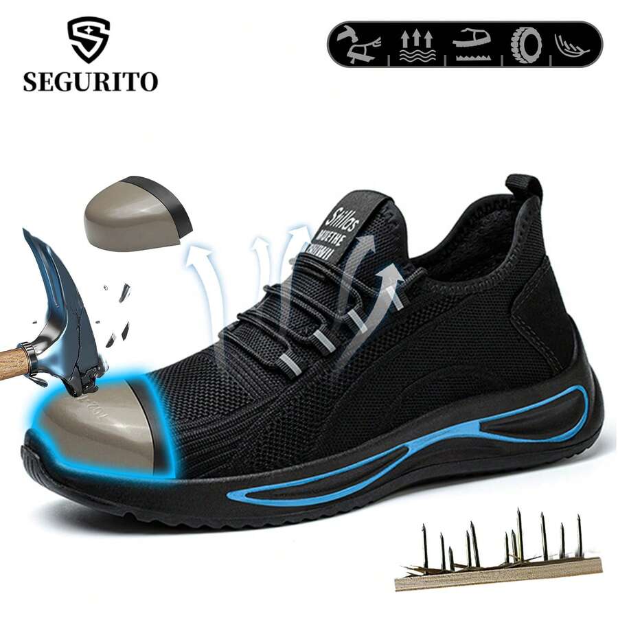 Zapatos de trabajo para hombres y mujeres, zapatillas de trabajo ligeras, zapatillas de malla transpirables, bota industrial, botas de casquillo industrial,suelas resistentes a los impactos y a los pinchazos, antideslizantes y resistentes al desgaste, con amortiguación para una pisada cómoda, adecuadas para múltiples escenarios, incluyendo obras de construcción, transporte logístico y trabajo al aire libre. - Negro - Ver 1