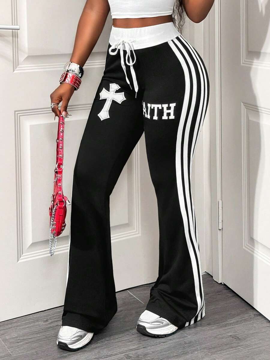 BamGleam Women's Cross & Letter Print Contrast Color Pants Vacation Boho Sexy Plain Plaid Striped Casual - Black - View 1