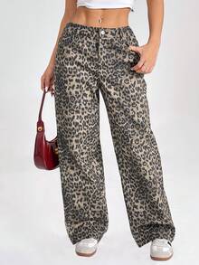 SHEIN PETITE 女士豹纹简约日常长裤 - 棕色 - 查看 5