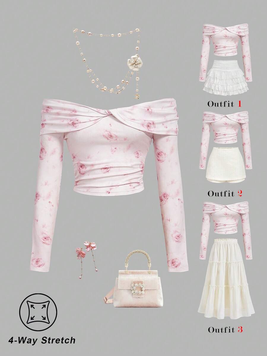 SHEIN MOD 女士 Y2K 印花扭结露肩长袖时尚 T 恤,图案 T 恤,外出,复古,怀旧,情人节,女士乡村,仙女风 - 淺粉色 - 查看 1