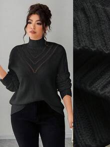 Elenzga Jersey de cuello en V de unicolor talla grande para mujer, invierno - Negro - Ver 1